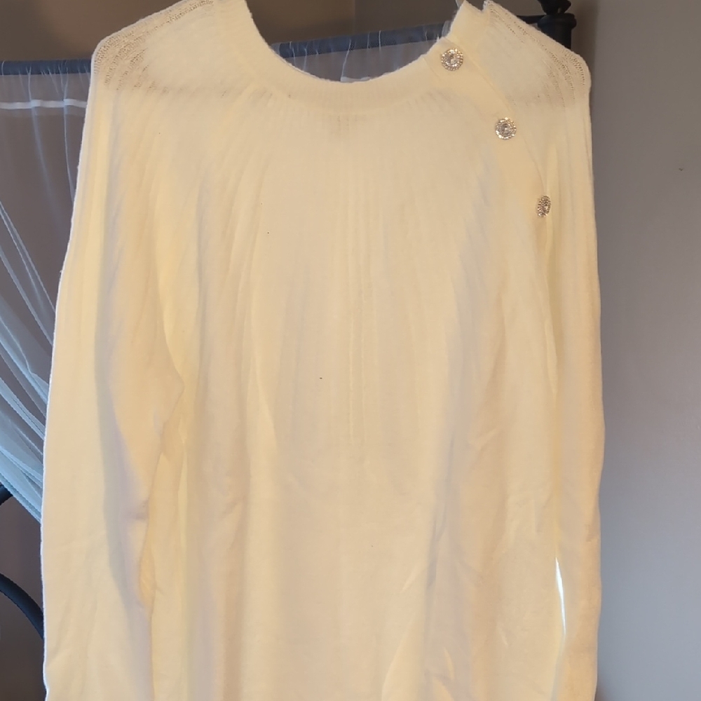 Talbots Cream Crew Neck Sweater with Button Detail